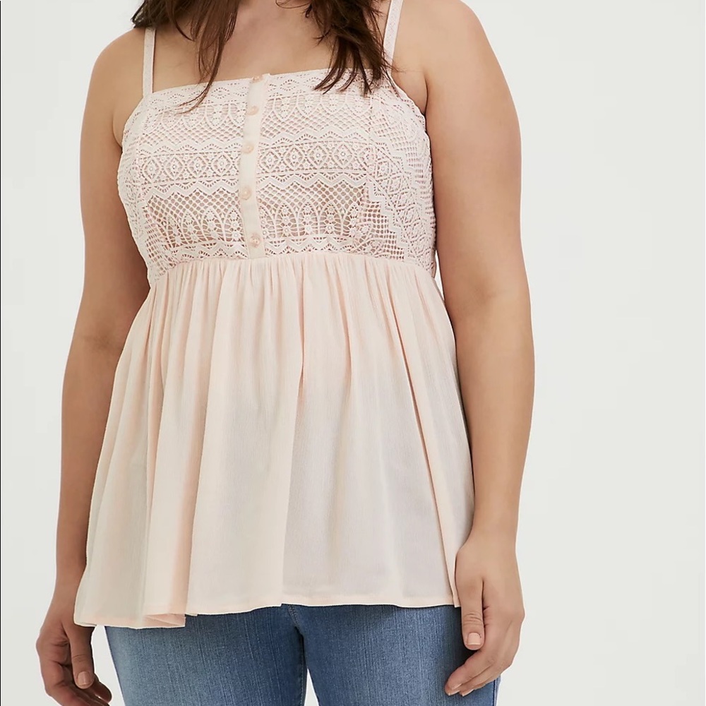 Torrid light pink gauze cami, crocheted straps and top, babydoll silhouette boho